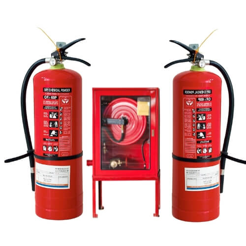Fire extinguisher accessories including brackets, hoses, and nozzles